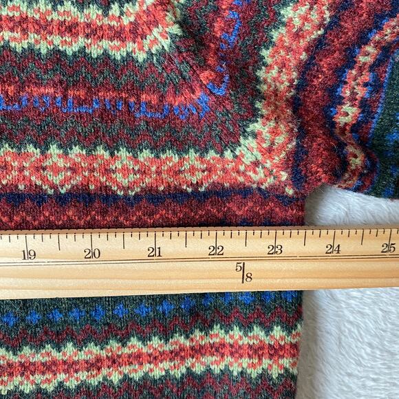 Lands End Lambswool Fair Isle Sweater Men L Green Multicolor 80s Cosby Style - Picture 7 of 9